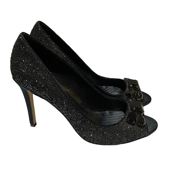 Enzo Angiolini black glitter open toe heel shoes with black stone details size 8 - Picture 2 of 8